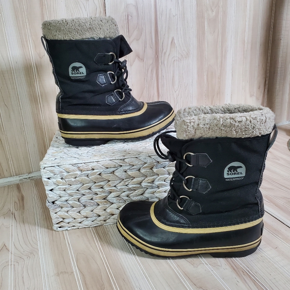 Sorel Black Caribou Lace Up Lined Snow Winter Boot Womens Sz 5 Kids 3.5 Cabin